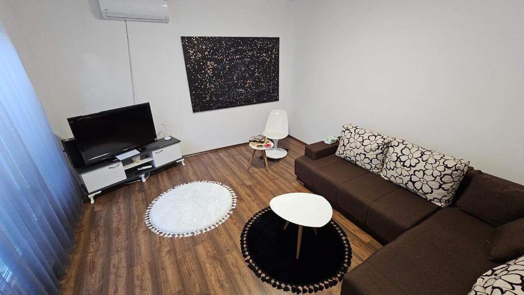 プリシュティナにあるMinihouse Modern Private Centralのソファとテレビのあるリビングルーム