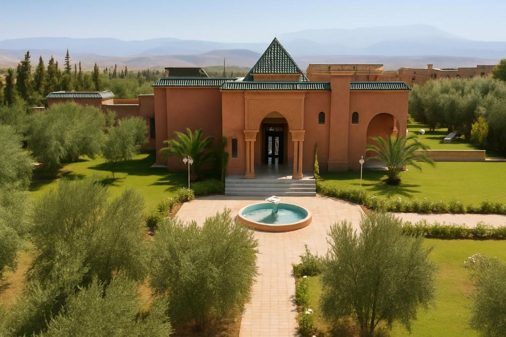 マラケシュにあるVilla de Charme avec Piscine, Hammam & Jardin Enchantéの正面に噴水がある建物