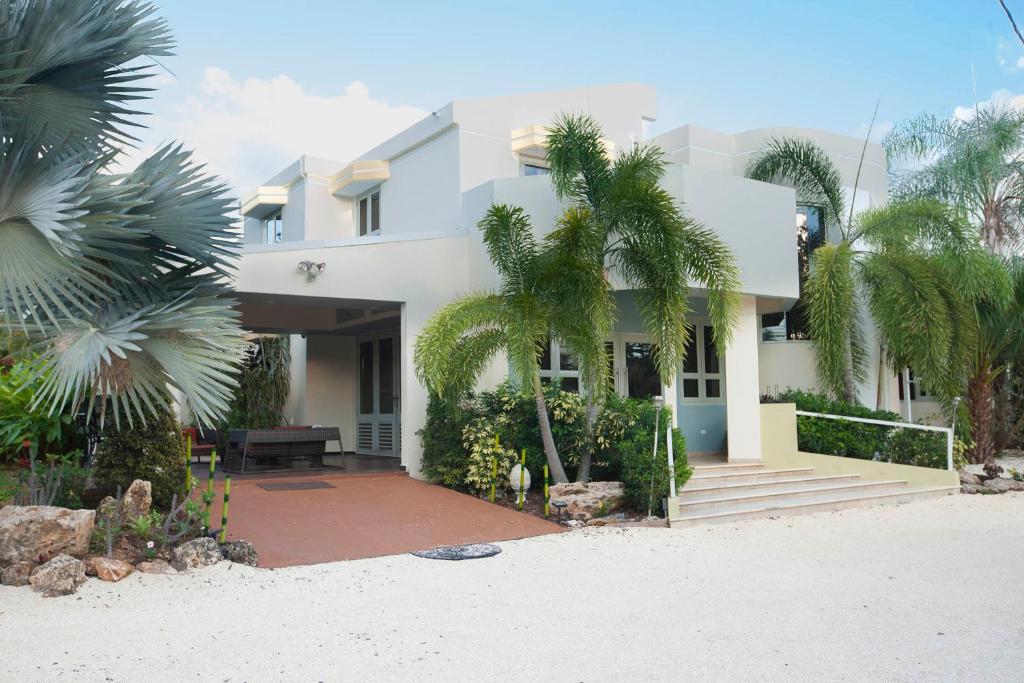 una casa blanca con palmeras delante en Bella Noni B&B, en Aguadilla