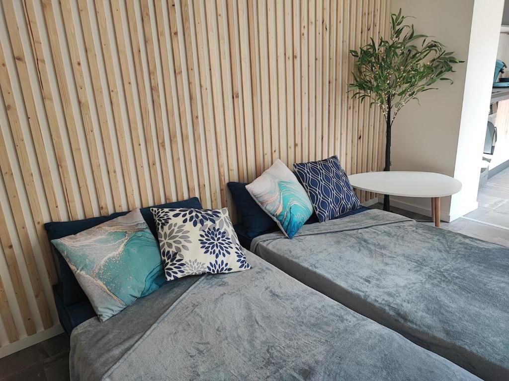 two beds with pillows on them in a room at Le Chai Vous in Grisolles