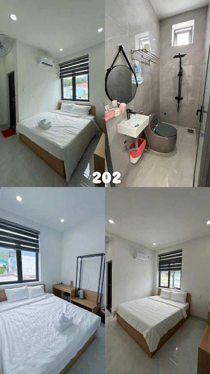 潘郎Homestay Như Ý的一张带两张床的卧室和一间浴室的两张照片