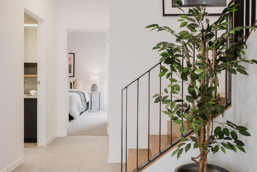 a staircase in a bedroom with a potted plant at Sheppard Art House Townhouse in Bright