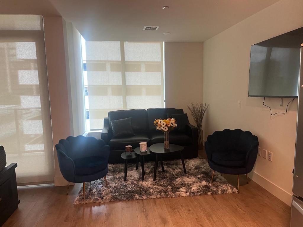 a living room with a black couch and two chairs at Janna hospitality in San Diego