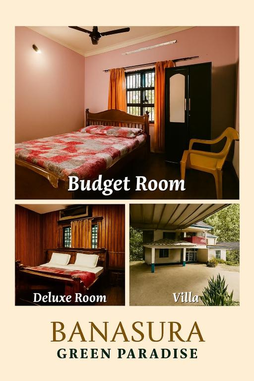 a collage of two pictures of a bedroom at Banasura Green paradise , Villa , Deluxe rooms , Budget rooms in Padinjarathara