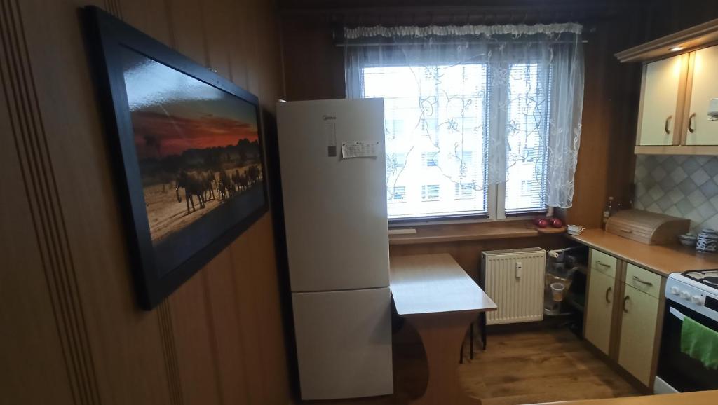 a kitchen with a refrigerator and a table in it at Dwupokojowe mieszkanie w Benzina, apartamenty in Będzin