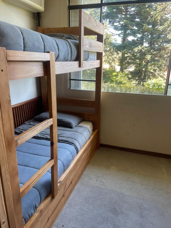 two bunk beds in a room with a window at Bergamota Hostel in Curitiba