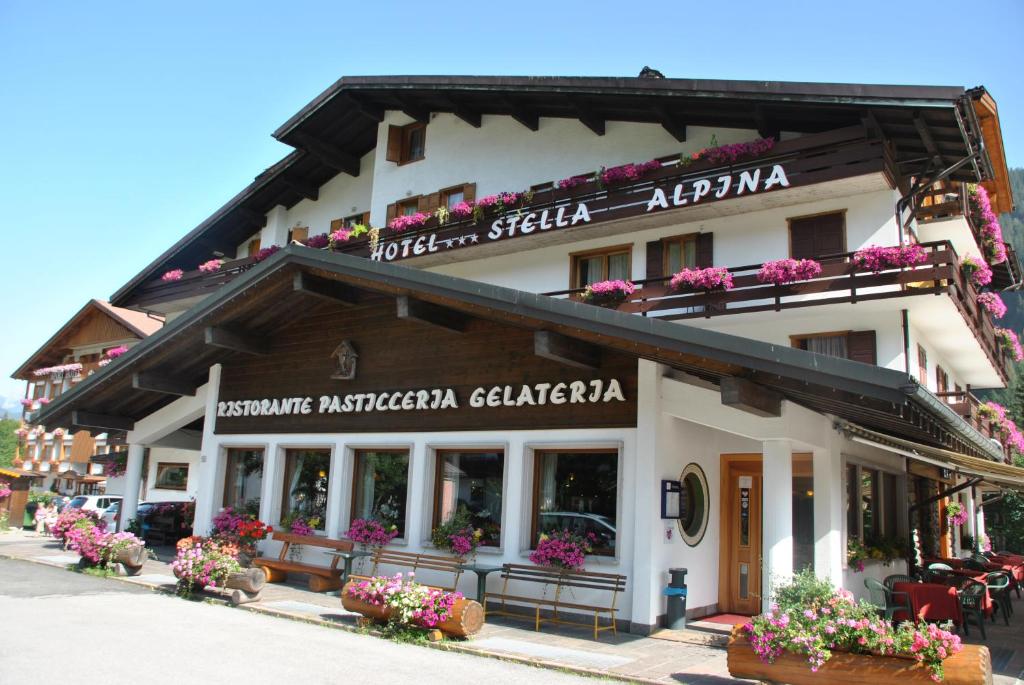 um edifício com flores ao lado em Hotel Stella Alpina em Falcade