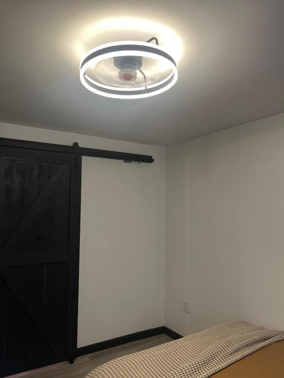 a bedroom with a bed and a light on the ceiling at Little cottage by the cabin in Springfield