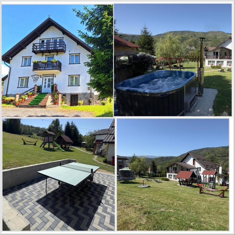 a collage of four pictures of a house and a pool at Pensiunea Casa Ady in Bran