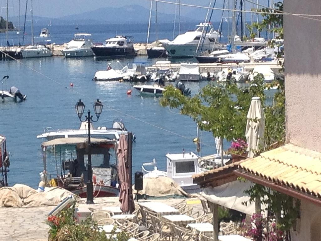 vistas a un puerto deportivo con barcos en el agua en Virvilis Apartments en Syvota