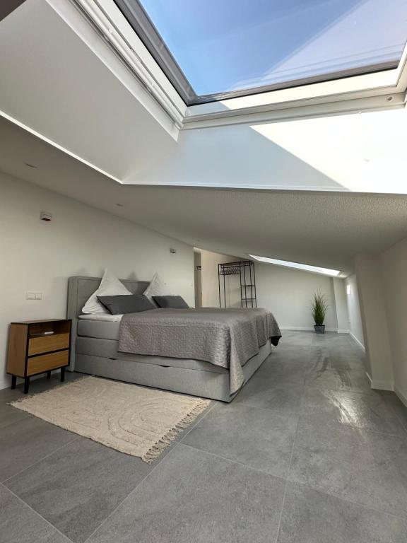 Un dormitorio con una cama y una claraboya. en Freizeitglückli, en Lahr