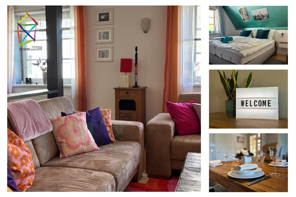 a collage of pictures of a living room with a couch at Charmante 120qm Dachgeschoß-Wohnung in Lippstadt