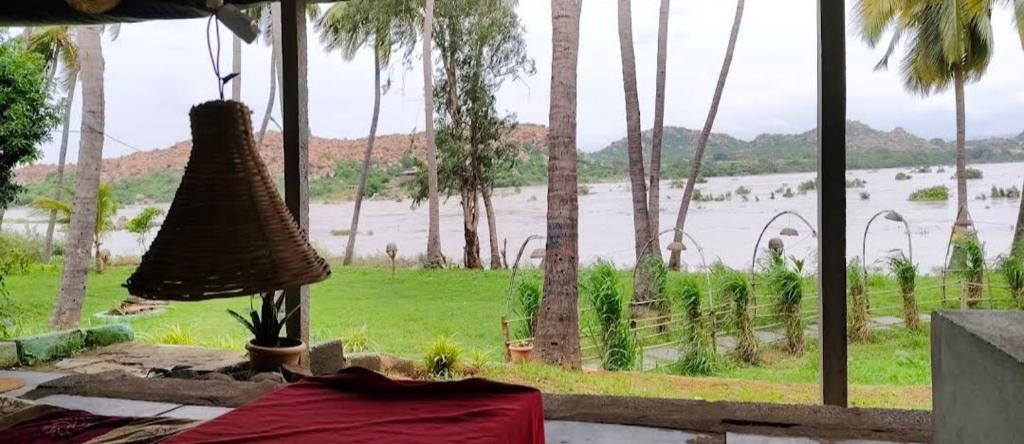 a room with a view of a river and palm trees at River Bay Hampi in Hampi