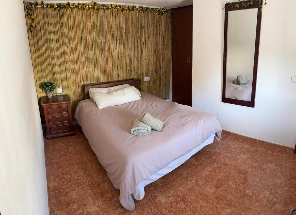 a bed with two pillows and a mirror in a bedroom at Apartment Málaga Airport in Cártama