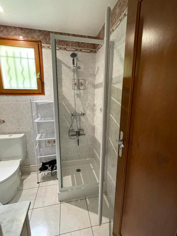 eine Dusche mit Glastür im Badezimmer in der Unterkunft Maison T2 indépendante avec terrasse et parking in Buxerolles