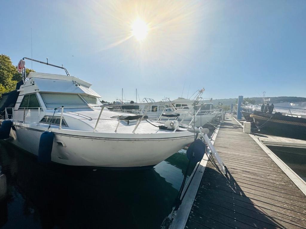 a white boat is docked at a dock at Vedette location à la nuitée sur l eau in Valence