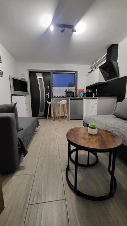 a living room with a couch and a coffee table at Pod Chmurką in Solina