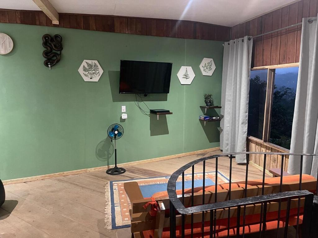a bedroom with a bed and a tv on a green wall at Cabaña El Mirador de las Montañas in Turrialba