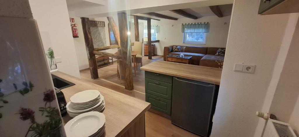 een keuken en een woonkamer met een bank bij bei GRETA Wohnung 77 in Marl