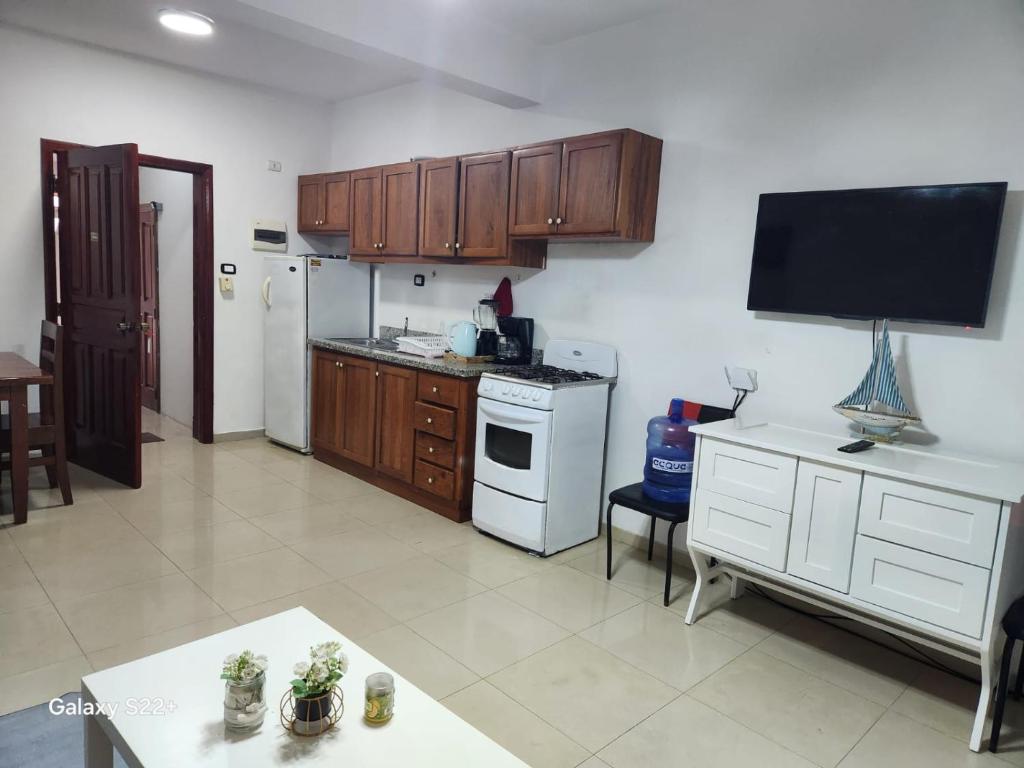 una cucina con mobili in legno e un frigorifero bianco di Sol Dominicus apart 5 Solo Adultos a La Laguna