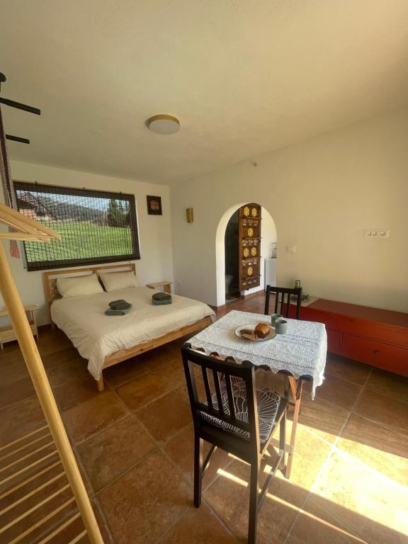a bedroom with a bed and a table and a window at Vila Malina in Gaberje