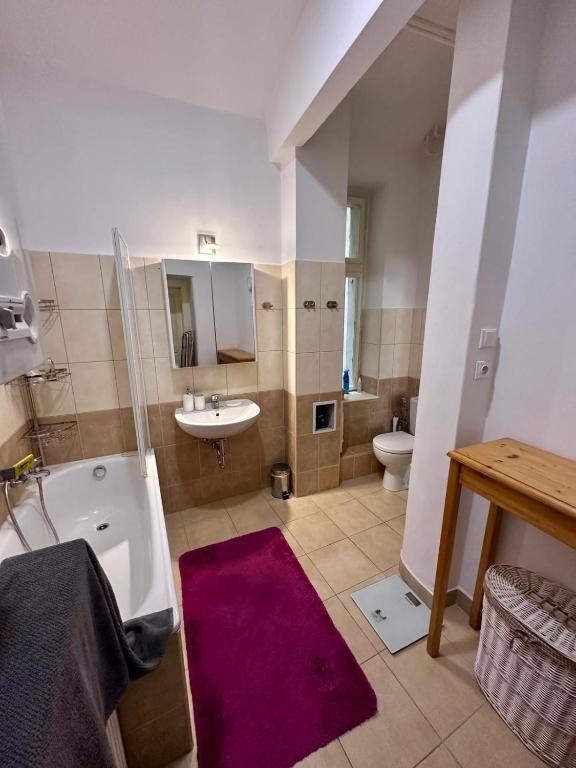 a bathroom with a tub and a sink and a toilet at štepánská noc B in Prague