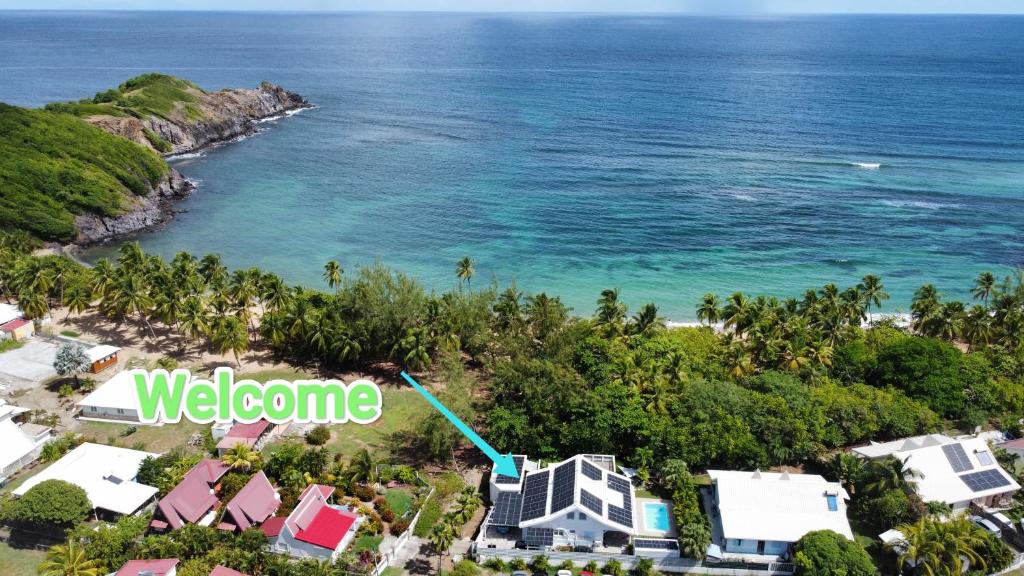 an aerial view of the beach and the ocean at Villa Bambou in La Trinité