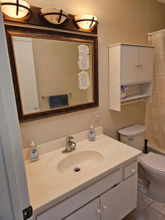 a bathroom with a sink and a toilet and a mirror at Cat & Coffee Prime City Access - Room 1 in San Diego