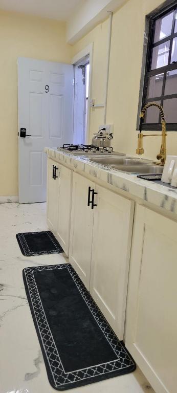 een keuken met een spoelbak en een aanrechtblad bij Ocean view of town in Saint Georgeʼs