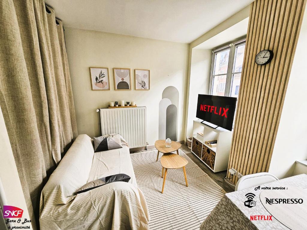 モンベリアルにあるLuxury apartment city center Montbeliardのベッドとテレビのある小さな部屋