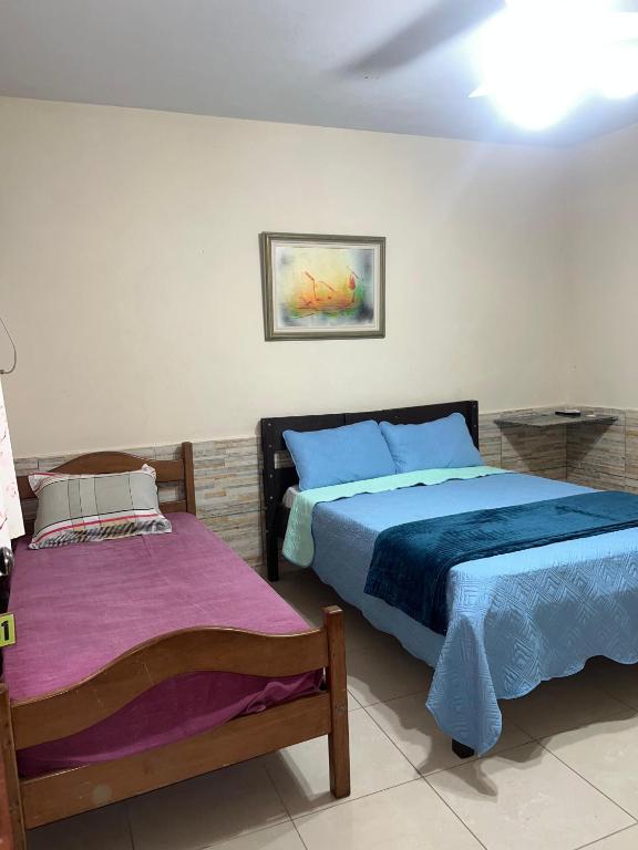 Un dormitorio con dos camas y un cuadro en la pared. en Recanto do sol, en Mangaratiba