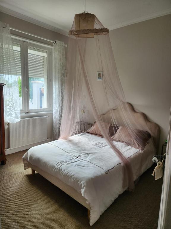 - une chambre avec un lit à baldaquin et une fenêtre dans l'établissement Caz'Amor, à Saint-Sylvestre-sur-Lot