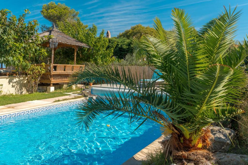 eine Palme neben einem Pool mit Pavillon in der Unterkunft La Dolce Vita in Lambesc