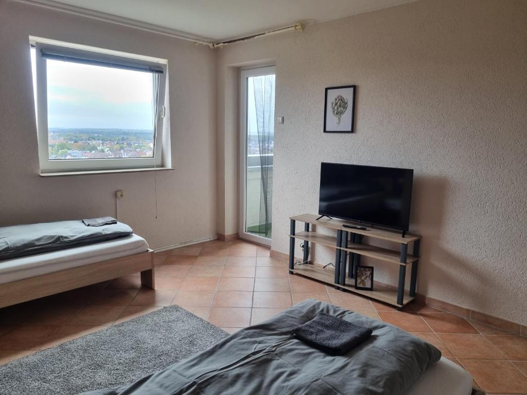 Habitación con TV, cama y ventana en Comfortable Apartment in Hattersheim, en Hattersheim