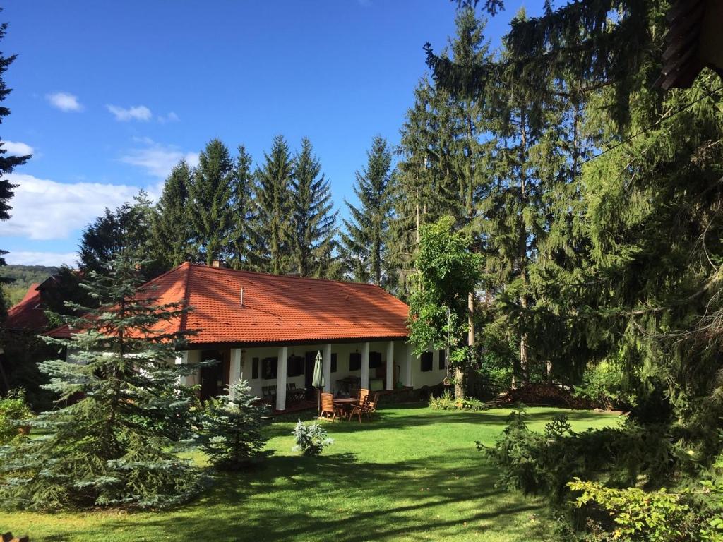 a house with a red roof in the middle of a yard at Székelykapu vendégház in Mátraszentimre