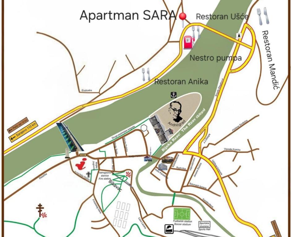 ヴィシェグラードにあるApartman SARAのナプキンキン療養所のおおよその位置を示す地図