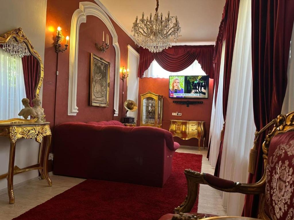 Una sala de estar con un sofá y un televisor. en Villa Contessa, en Piatra Neamţ