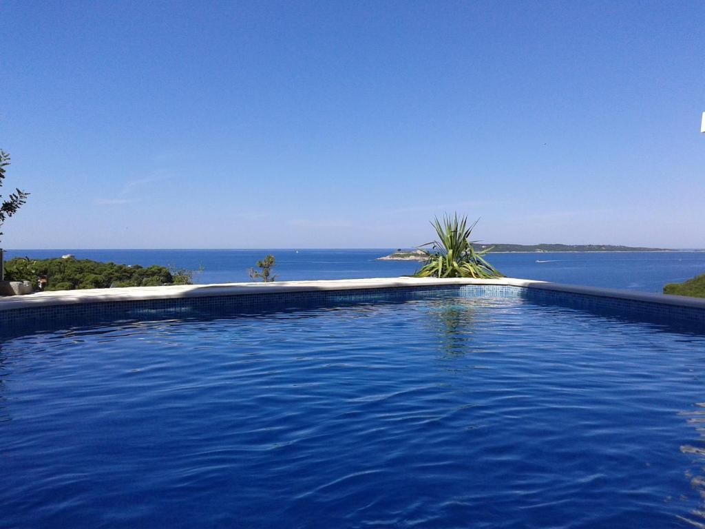 uma piscina com vista para o oceano em Apartments Odiva em Luštica