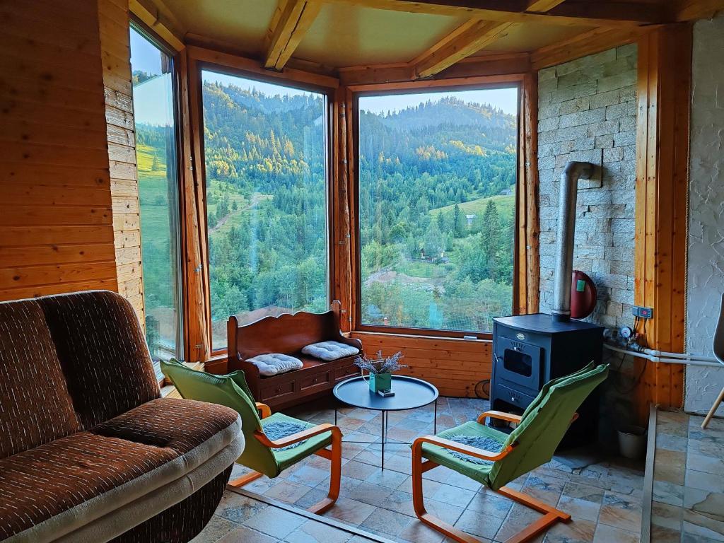 a living room with a couch and a stove at Cabana cu hamac in Prisaca Dornei