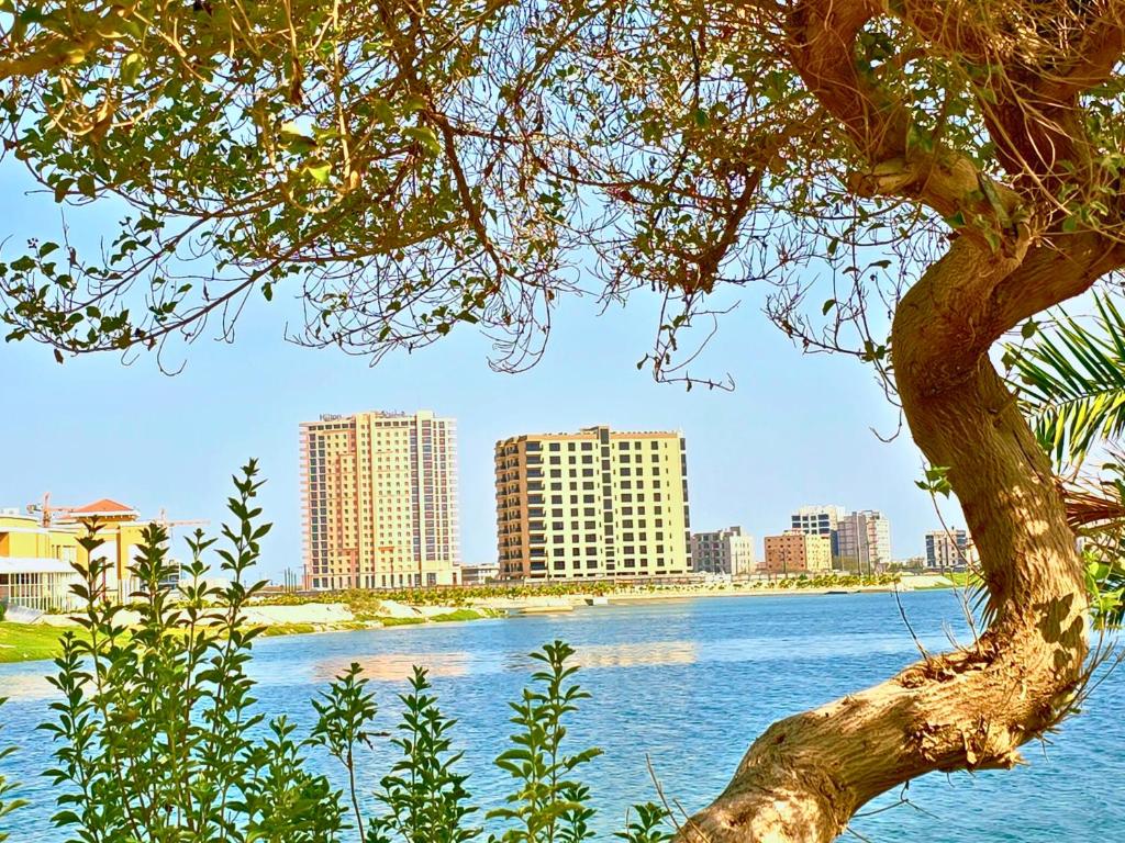 vistas a un río con edificios en el fondo en Luxury suite with sea view, en Al Khobar