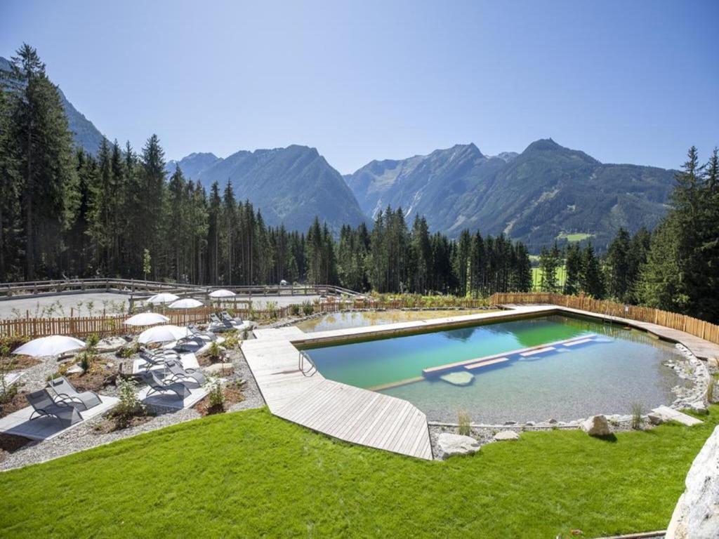 a large pool in a yard with mountains in the background at Chalet in Neukirchen near Ski Area in Rosenthal