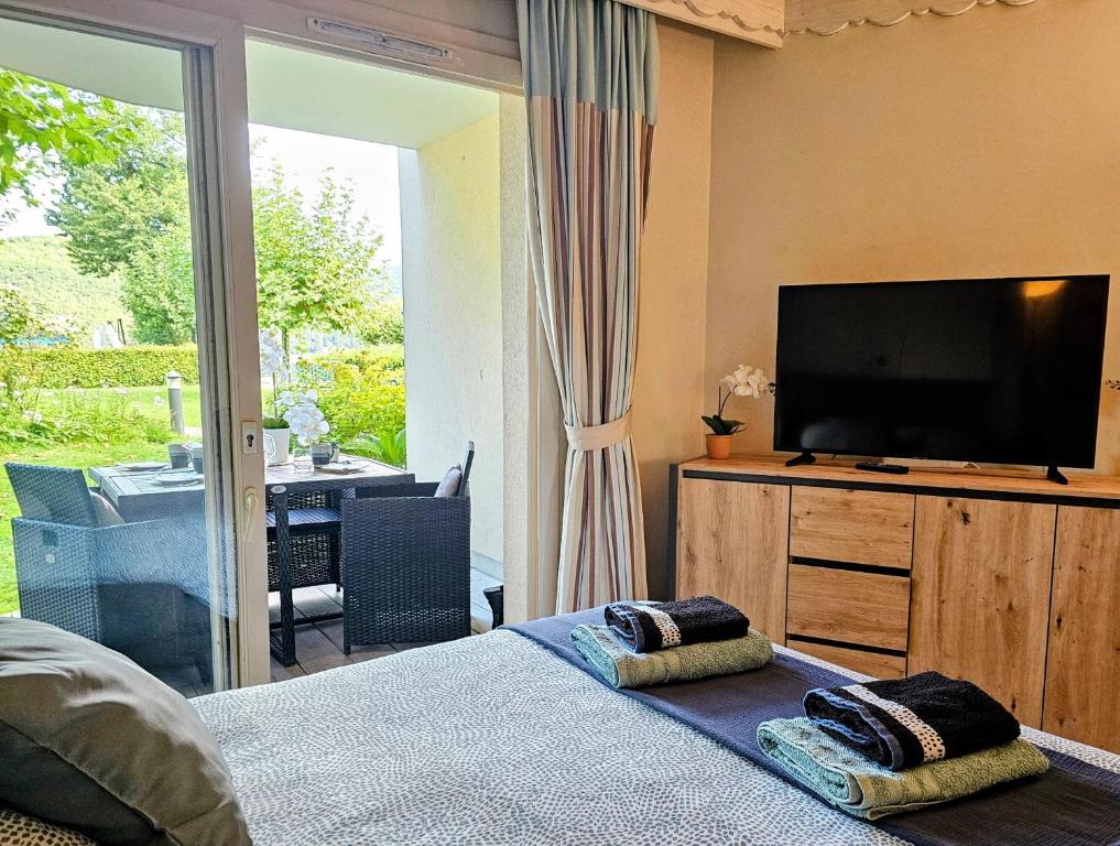 Televisyen dan/atau pusat hiburan di Studio Cosy avec Plage et Parking Privé au bord du Lac D'Annecy
