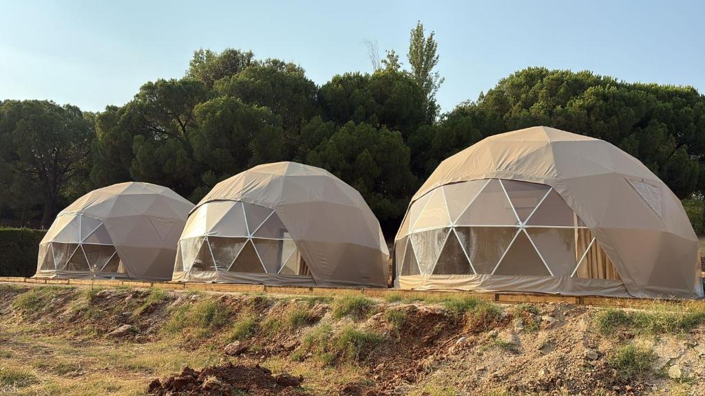 drei Kuppeln auf einem Hügel mit Bäumen im Hintergrund in der Unterkunft Centro Astro Turismo San Benito in Cazalla de la Sierra