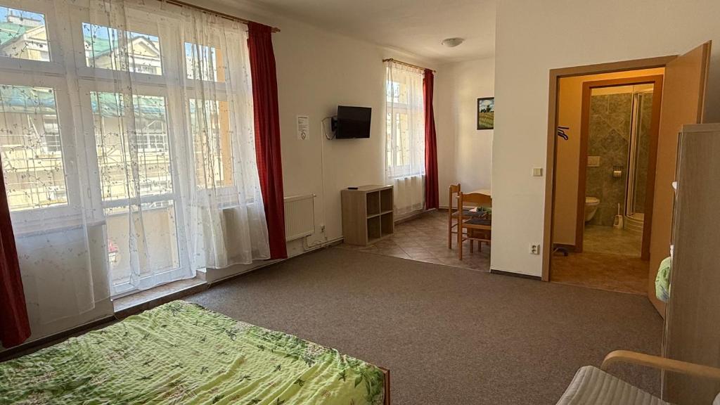 a bedroom with a bed and large windows at Penzion Pupendo in Hradec Králové