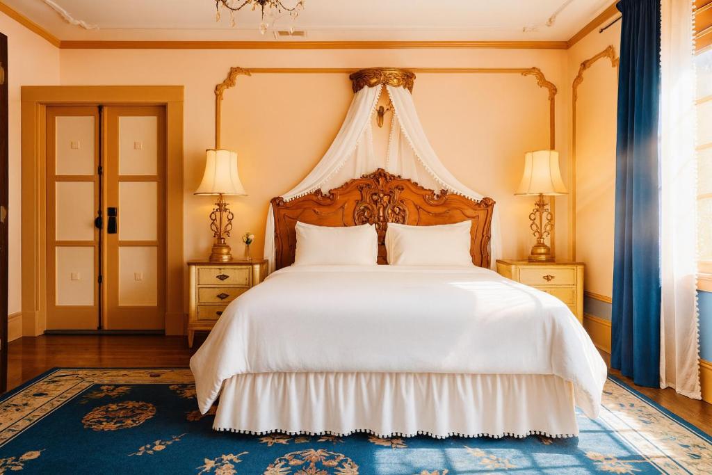 a bedroom with a large white bed with a canopy at Luxe Homestay in Hollywood - by The Grove & Walk of Fame in Los Angeles