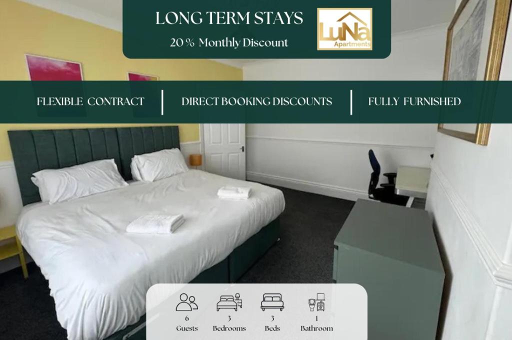 a bedroom with a bed and a sign for long twenty stays at Luna Apartments Newcastle Gateshead 1 in Gateshead