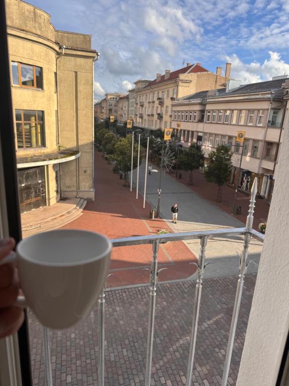 a view of a city street from a balcony at Broadway apartament in Šiauliai