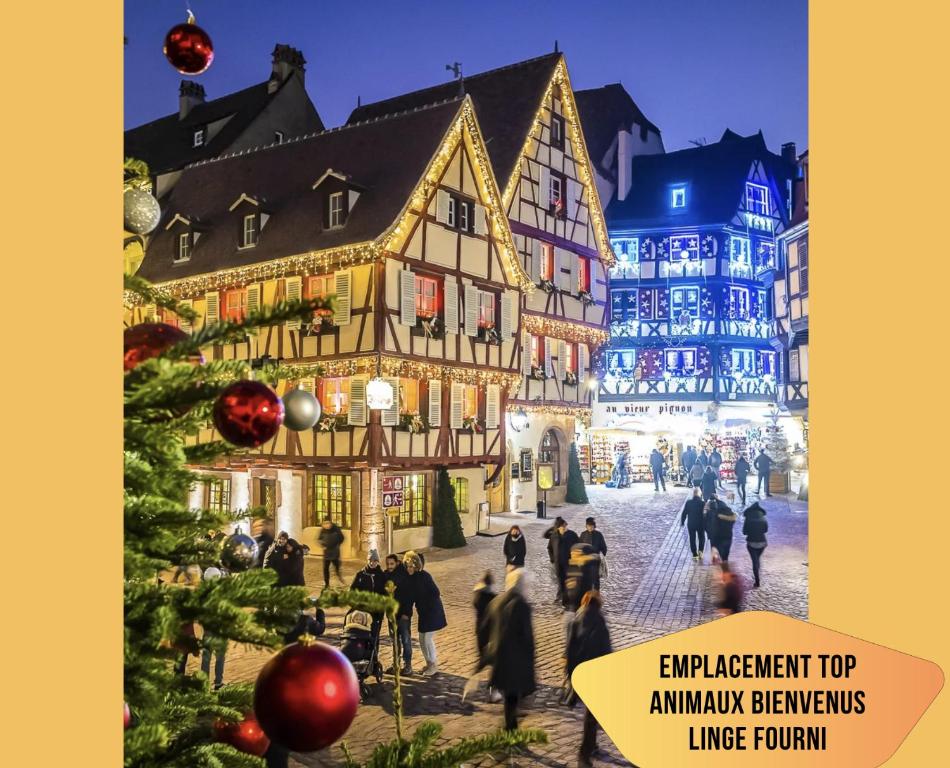 a group of people walking around an old building with christmas lights at Maison avec jardin - 6 personnes - Top emplacement in Ribeauvillé