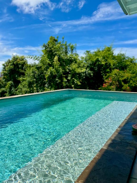 a swimming pool with blue water and trees in the background at Villa TULIA in Sainte-Luce