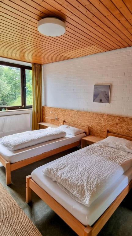 two beds in a room with wooden ceilings at Zimmer 2 in Gomadingen